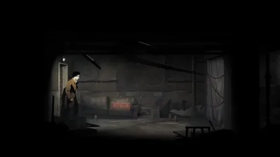 A silhouetted figure standing in a pitch-dark hallway