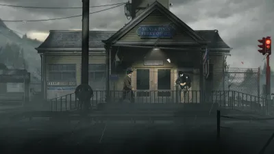 Ferry office exterior on a wet street